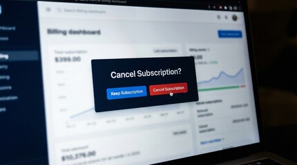 A person considering canceling a subscription on a computer screen with a billing dashboard
