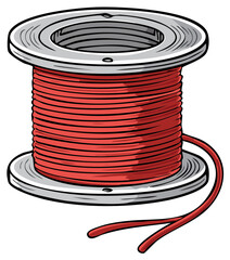 Cartoon illustration of a red electrical wire spool, ready for use, with a white background