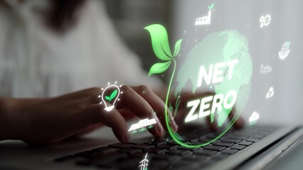 Net zero and sustainability concepts with environmental balance, digital sustainability icons, green energy goals, and eco-conscious digital business transformation for the future. Muxer © InfiniteFlow