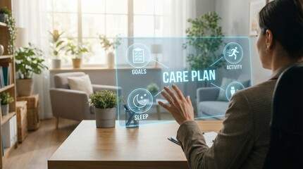 A person interacting with a virtual care plan interface in a modern living room