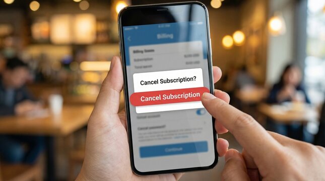 A person canceling a subscription on their smartphone in a cafe