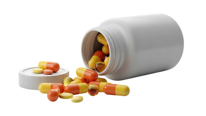 White pill bottle lying on its side with colorful pills isolated on transparent background