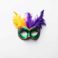 Colorful Mardi Gras Mask with Feathers and Sparkling Details on White Background