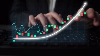 A focused trader using a keyboard analyzes stock market trends with an upward moving graph, showcasing growth and potential in financial trading scenarios. Copula