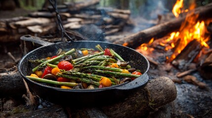 Delicious outdoor cooking with fresh vegetables over campfire