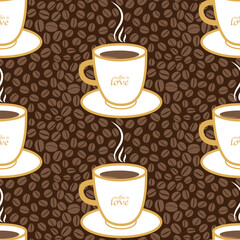 Cup of coffee with coffee beans seamless pattern