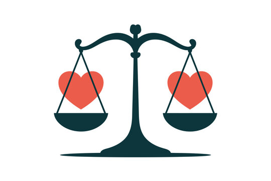 An illustration of a balance scale with two hearts on either side, symbolizing love and equality.
