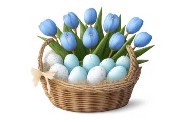 Easter basket filling with blue tulips and speckled eggs