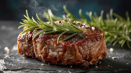 Juicy Grilled Steak with Fresh Rosemary Garnish on Slate Background, Perfect for Culinary and Food Photography, Ideal for Recipes and Menus