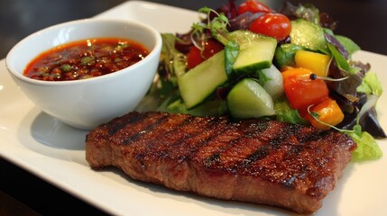Grilled Steak with Fresh Garden Salad and Dipping Sauce on a White Plate Served on a Wooden Table Ideal for Food Photography