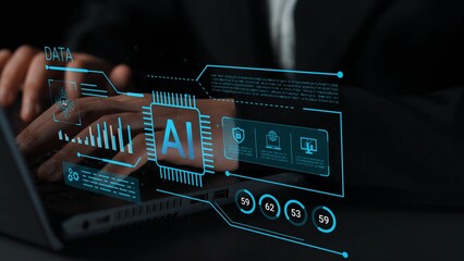 Futuristic Concept of Artificial Intelligence Technology with Data Analysis and Visualizations Shown on a Laptop Screen in a Modern Office Environment Gluon.