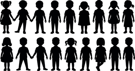 Collection of diverse child silhouettes showing various hairstyles and clothing styles isolated on a clean transparent background for easy integration