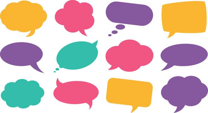 Collection of diverse colorful empty speech bubbles and thought clouds isolated on transparent background for communication concepts