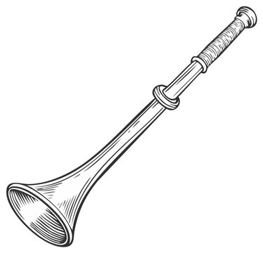 Vintage zurna or medieval horn musical instrument in an engraving line art style