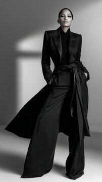 Elegant woman posing confidently in dramatic wide leg black silk trousers and matching tailored blazer jacket showcases high fashion monochromatic style