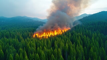 Intense Wildfire Spread Over Dense Pine Forest in Smoke and Flame