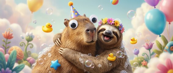 Obraz premium Surreal celebration of silliness capybara and sloth enjoying a whimsical party in a colorful garden joyful atmosphere playful view of nature's quirkiness