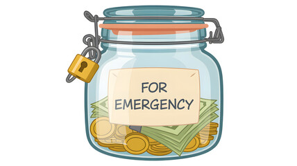 Secure emergency fund in a locked glass jar with cash and coins