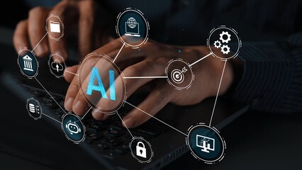 Hands Typing on Laptop with AI Symbols and Technology Icons Representing Digital Innovation and...