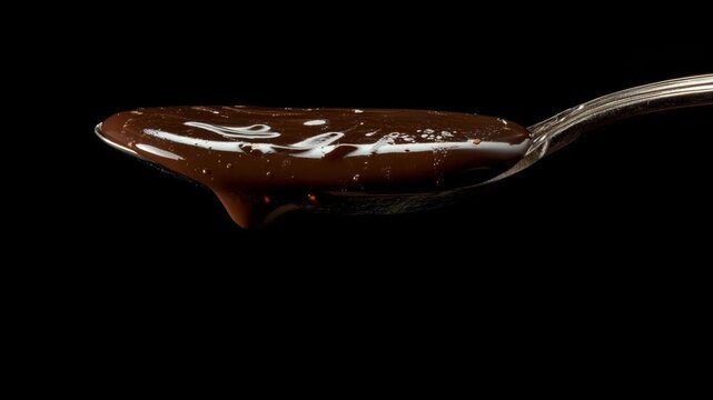 Delicious hot fudge or chocolate syrup slowly dripping from a silver spoon against a black background