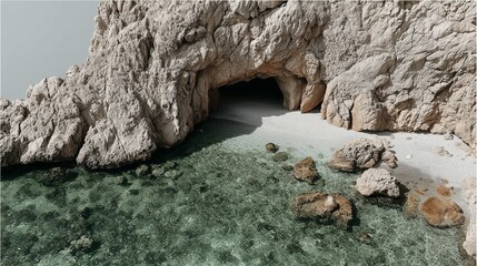 Cave by the sea with clear water and rocky shoreline in a coastal landscape
