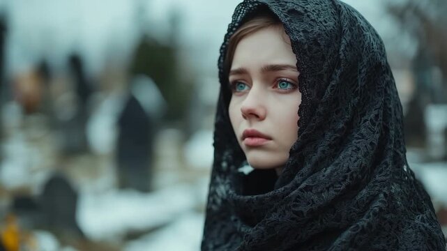 Sad young woman wearing a black veil looking away with tearful eyes in a graveyard