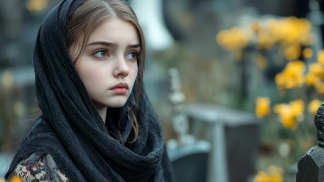 Sad young girl wearing a black headscarf mourning in a graveyard among tombstones and flowers