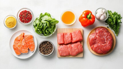 Fresh Ingredients for Healthy Cooking with Vegetables and Meat on a Table