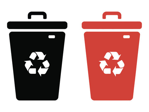 Trash cans vector illustration, one red and one black bin with recycling symbols, representing waste sorting, recycling, and environmental awareness for digital design