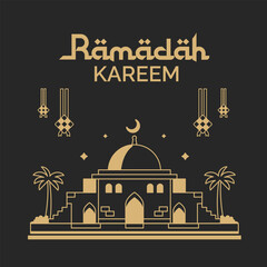 monoline mosque illustration with ramadan kareem theme, bright themed mosque for poster, wallpaper and greeting card