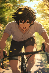 Determined young anime boy cycling through sunlit forest path
