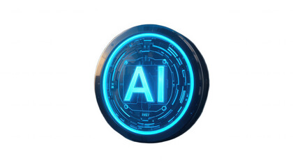 Futuristic glowing blue artificial intelligence ai circular logo icon with complex circuit board design elements on transparent background
