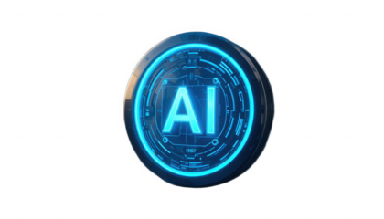 Futuristic glowing blue artificial intelligence ai circular logo icon with complex circuit board design elements on transparent background