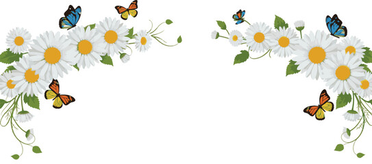 Decorative vector illustration of white daisy flowers and colorful butterflies forming a corner border