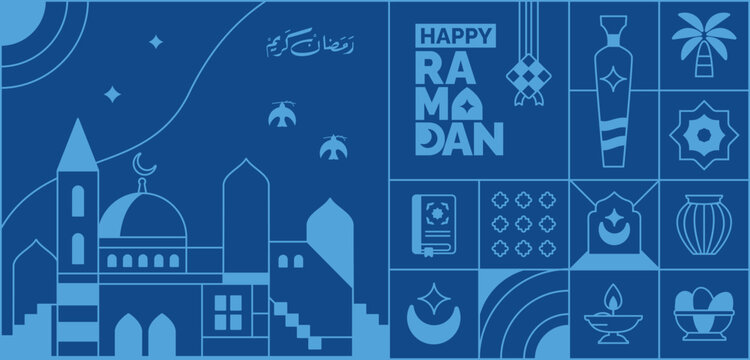 monoline ramadan kareem illustration, egyptian themed mosque with pastel colors and patterns with various bright colored islamic icons and symbols