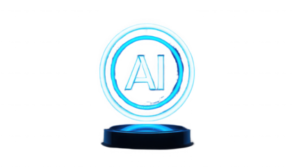 Glowing futuristic neon sign displaying the letters ai for artificial intelligence technology concept on a dark pedestal on transparent background