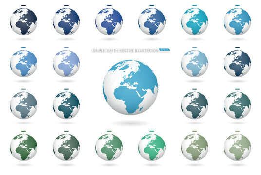 Earth globe vector illustration, view of the European continent. Set of 21 blue and green shades.