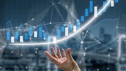 Dynamic Hand Reaching Towards Growing Financial Chart with Blue and White Candlestick Patterns, Abstract Background and Data Visualization Elements Copula
