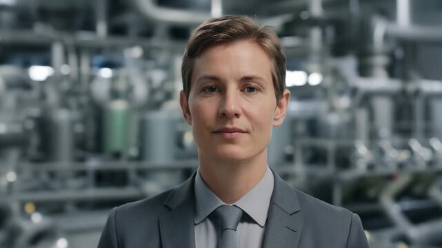 Professional worker in chemical recycling plant with industrial reactors and processing pipes
