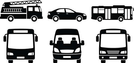 Vehicle silhouette set, 6 black vector icons of fire truck, sedan, city bus, and front-facing transport vans © MdMahmudul