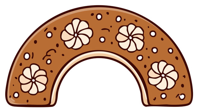 Hand drawn cartoon gingerbread horseshoe cookie with traditional floral icing decoration