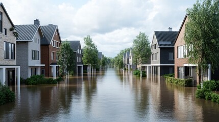 Residential Area Submerged by Floodwaters in Urban Neighborhood Scene
