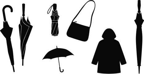 Rain gear silhouette set, 8 black vector icons of umbrellas, raincoat, shoulder bag, and compact umbrella © MdMahmudul