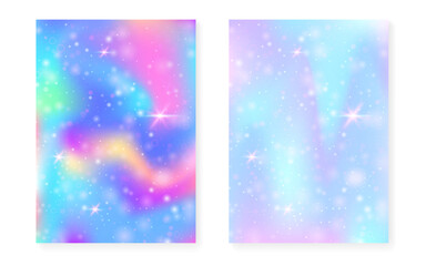 Kawaii background with rainbow princess gradient. Magic unicorn hologram. Holographic fairy set. Creative fantasy cover. Kawaii background with sparkles and stars for cute girl party invitation.