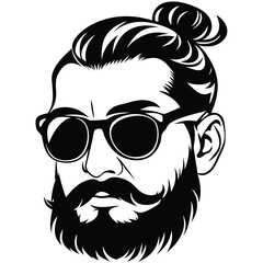 Obraz premium Bearded hipster man with sunglasses showcases an elegant man bun hairstyle in monochrome