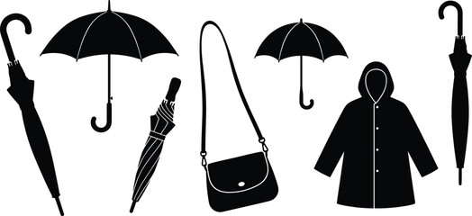 Rain gear silhouette set, 8 black vector icons of umbrellas, raincoat, and shoulder bag © MdMahmudul