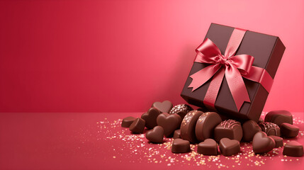 Valentine&rsquo;s Day Chocolate Gift Box with Heart Shaped Pralines and Copy Space, Luxury Romantic Sweets Background for Advertising, Marketing Campaigns, E-commerce Promotions and Love Themed Design
