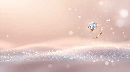Luxury Diamond Engagement Ring Floating on Soft Glitter Background with Copy Space, Elegant Jewelry Advertising Concept for Valentine&rsquo;s Day, Wedding Proposal, Premium Branding and High-End Marketing 