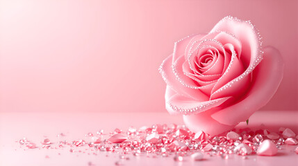 Luxury Pink Rose with Crystal Sparkle on Soft Pastel Background, Elegant Romantic Banner with Copy Space for Valentine&rsquo;s Day, Beauty Branding, Wedding Design and Premium Floral Marketing Concept
