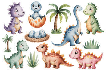 Cute dinosaurs with volcano scene. Soft watercolor baby dinosaurs in playful. © Songrami